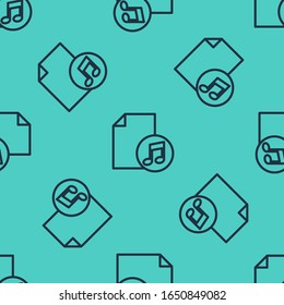 Black line Music book with note icon isolated seamless pattern on green background. Music sheet with note stave. Notebook for musical notes.  Vector Illustration