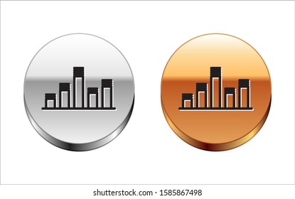 Black line Music equalizer icon isolated on white background. Sound wave. Audio digital equalizer technology, console panel, pulse musical. Silver-gold circle button. Vector Illustration