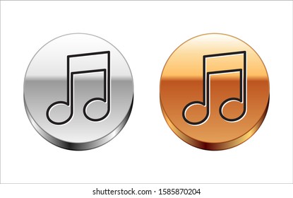 Black line Music note, tone icon isolated on white background. Silver-gold circle button. Vector Illustration