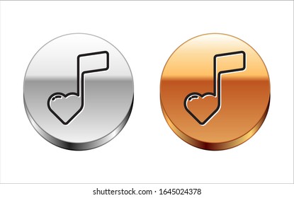 Black line Music note, tone with hearts icon isolated on white background. Valentines day. Silver-gold circle button. Vector Illustration