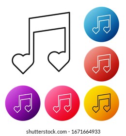 Línea negra Nota musical, tono con ícono de corazones aislados en fondo blanco. Día de San Valentín. Establezca los iconos de los botones de círculo coloridos.  Ilustración vectorial
