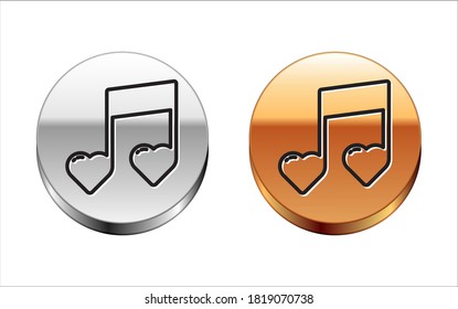 Black line Music note, tone with hearts icon isolated on white background. Valentines day. Silver-gold circle button. Vector Illustration