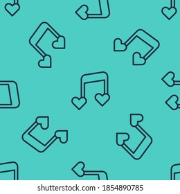 Black line Music note, tone with hearts icon isolated seamless pattern on green background. Valentines day.  Vector