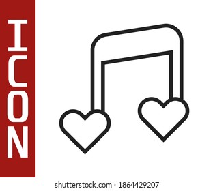 Black line Music note, tone with hearts icon isolated on white background. Valentines day.  Vector