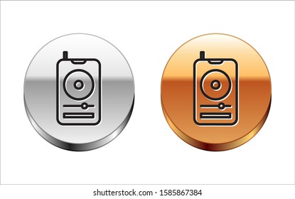 Black line Music player icon isolated on white background. Portable music device. Silver-gold circle button. Vector Illustration