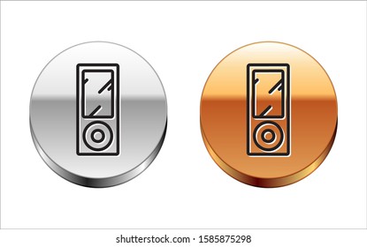 Black line Music player icon isolated on white background. Portable music device. Silver-gold circle button. Vector Illustration