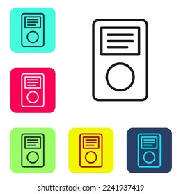 Black line Music player icon isolated on white background. Portable music device. Set icons in color square buttons. Vector
