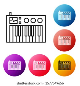 Black line Music synthesizer icon isolated on white background. Electronic piano. Set icons colorful circle buttons. Vector Illustration