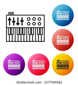 Black line Music synthesizer icon isolated on white background. Electronic piano. Set icons colorful circle buttons. Vector Illustration
