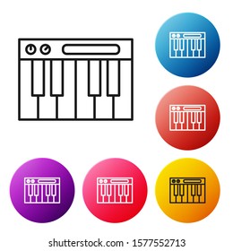 Black line Music synthesizer icon isolated on white background. Electronic piano. Set icons colorful circle buttons. Vector Illustration