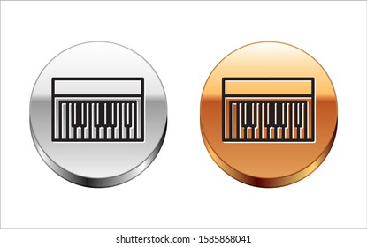 Black line Music synthesizer icon isolated on white background. Electronic piano. Silver-gold circle button. Vector Illustration