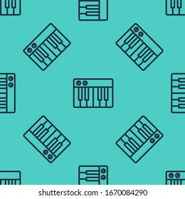 Black line Music synthesizer icon isolated seamless pattern on green background. Electronic piano.  Vector Illustration