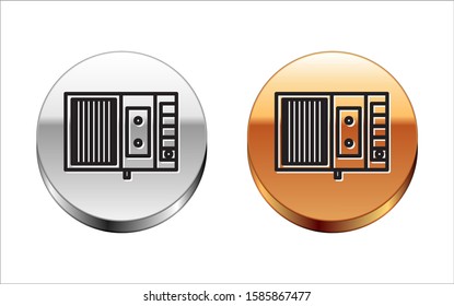 Black line Music tape player icon isolated on white background. Portable music device. Silver-gold circle button. Vector Illustration