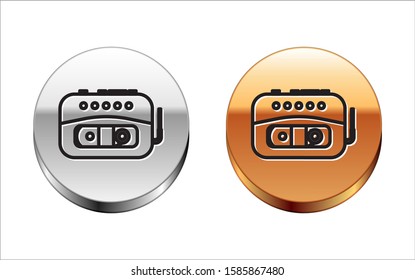 Black line Music tape player icon isolated on white background. Portable music device. Silver-gold circle button. Vector Illustration