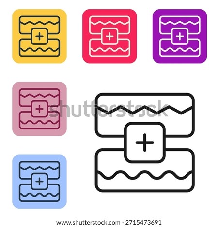 Black line Music wave equalizer icon isolated on white background. Sound wave. Audio digital equalizer technology, console panel, pulse musical. Set icons in color square buttons. Vector