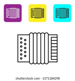 Black line Musical instrument accordion icon isolated on white background. Classical bayan, harmonic. Set icons colorful square buttons. Vector Illustration