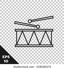 Black line Musical instrument drum and drum sticks icon isolated on transparent background.  Vector Illustration