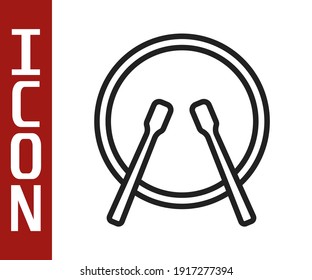 Black line Musical instrument drum and drum sticks icon isolated on white background.  Vector