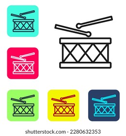 Black line Musical instrument drum and drum sticks icon isolated on white background. Set icons in color square buttons. Vector