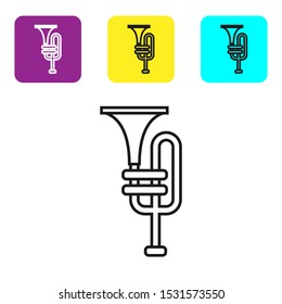 Black line Musical instrument trumpet icon isolated on white background. Set icons colorful square buttons. Vector Illustration