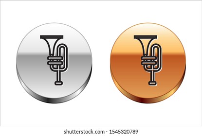 Black line Musical instrument trumpet icon isolated on white background. Silver-gold circle button. Vector Illustration