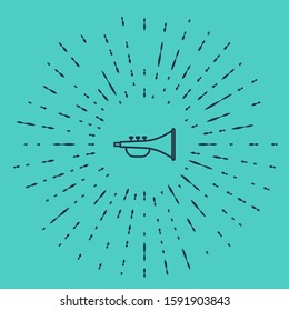 Black line Musical instrument trumpet icon isolated on green background. Abstract circle random dots. Vector Illustration
