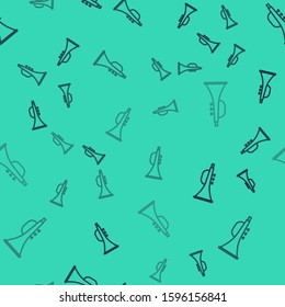 Black line Musical instrument trumpet icon isolated seamless pattern on green background.  Vector Illustration
