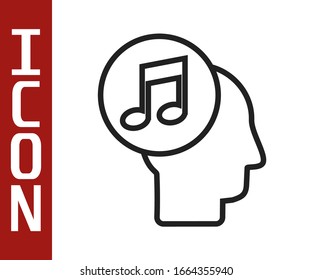 Línea negra Nota musical en icono de cabeza humana aislado en fondo blanco. Ilustración vectorial