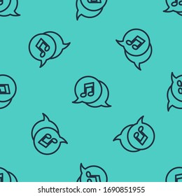 Línea negra Nota musical en el icono de la burbuja del habla aislado patrón sin fisuras en el fondo verde. Concepto musical y de sonido. Ilustración vectorial