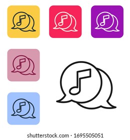 Schwarze Linie Musikalische Note in Sprache Blase Symbol einzeln auf weißem Hintergrund. Musik- und Tonkonzept. Die Symbole werden in den Tasten für das Farbquadrat eingestellt. Vektorillustration-Illustration