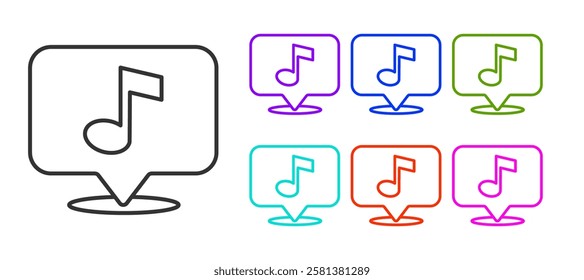 Black line Musical note in speech bubble icon isolated on white background. Music and sound concept. Set icons colorful. Vector