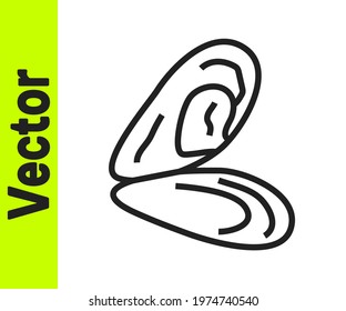 Black line Mussel icon isolated on white background. Fresh delicious seafood.  Vector