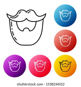 Black line Mustache and beard icon isolated on white background. Barbershop symbol. Facial hair style. Set icons colorful circle buttons. Vector Illustration