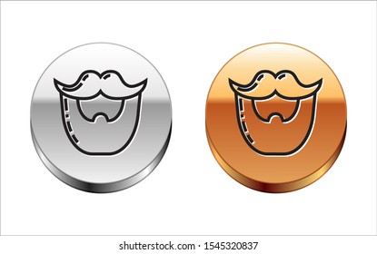 Black line Mustache and beard icon isolated on white background. Barbershop symbol. Facial hair style. Silver-gold circle button. Vector Illustration