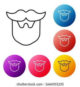 Línea negra Mustache e icono de barba aislado en fondo blanco. Símbolo de barbería. Estilo facial del cabello. Establezca los iconos de los botones de círculo coloridos. Ilustración vectorial