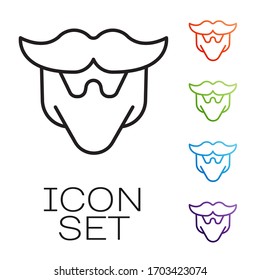Black line Mustache and beard icon isolated on white background. Barbershop symbol. Facial hair style. Set icons colorful. Vector Illustration
