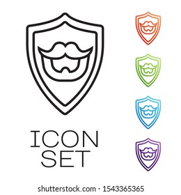 Black line Mustache and beard on shield icon isolated on white background. Barbershop symbol. Facial hair style. Set icons colorful. Vector Illustration