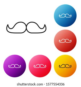 Black line Mustache icon isolated on white background. Barbershop symbol. Facial hair style. Set icons colorful circle buttons. Vector Illustration