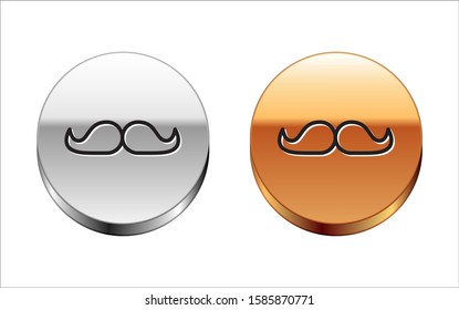 Black line Mustache icon isolated on white background. Barbershop symbol. Facial hair style. Silver-gold circle button. Vector Illustration