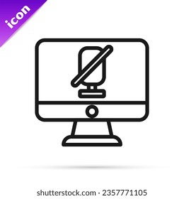 Black line Mute microphone on computer icon isolated on white background. Microphone audio muted.  Vector