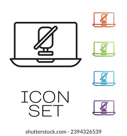 Black line Mute microphone on laptop icon isolated on white background. Microphone audio muted. Set icons colorful. Vector