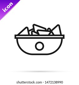 Black line Nachos in plate icon isolated on white background. Tortilla chips or nachos tortillas. Traditional mexican fast food menu.  Vector Illustration