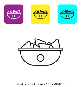 Black line Nachos in plate icon isolated on white background. Tortilla chips or nachos tortillas. Traditional mexican fast food menu. Set icons colorful square buttons. Vector Illustration
