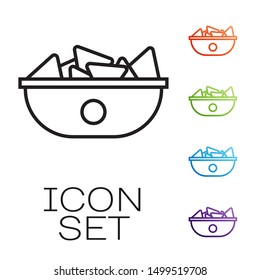 Black line Nachos in plate icon isolated on white background. Tortilla chips or nachos tortillas. Traditional mexican fast food menu. Set icons colorful. Vector Illustration