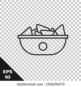 Black line Nachos in plate icon isolated on transparent background. Tortilla chips or nachos tortillas. Traditional mexican fast food menu.  Vector Illustration