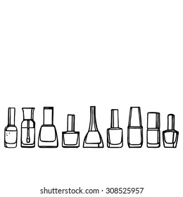 Black line nail varnish set, nine objects, white background