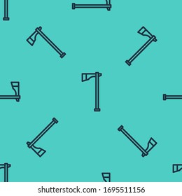 Black line Native american tomahawk axe icon isolated seamless pattern on green background.  Vector Illustration