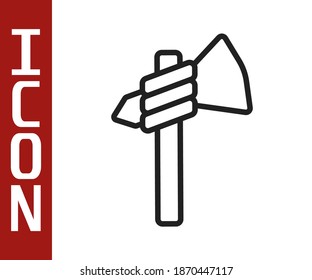 Línea negra Icono del hacha de tomahawk nativo americano aislado en fondo blanco.  Vector