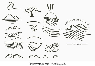 Black line natural with mountain,river,field,tree