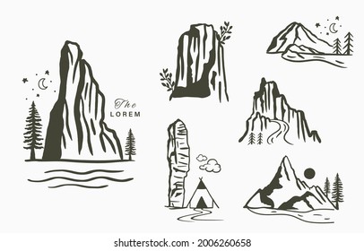 Black line natural scenery with mountain,river,sun,tree